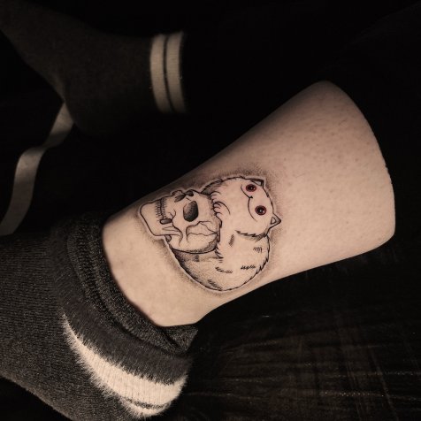 Татуировка в стиле тату графика кот и череп