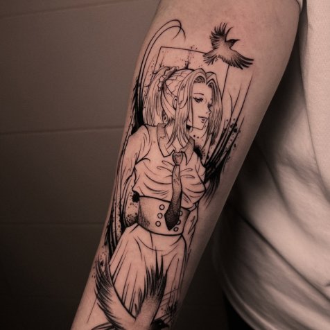 Татуировка в стиле тату графика девушка аниме